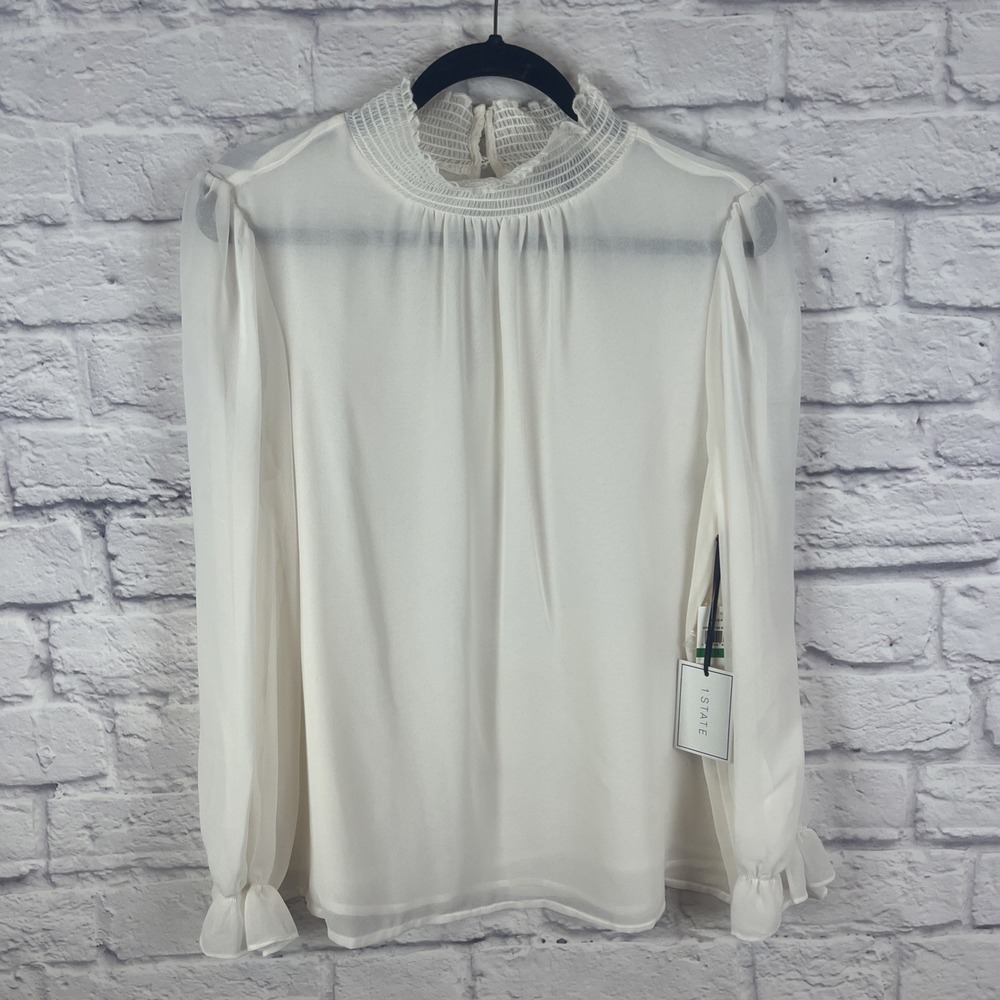 1. State NWT Victorian Romantic Sheer Ecru High Neck Blouse Size Large Ethereal